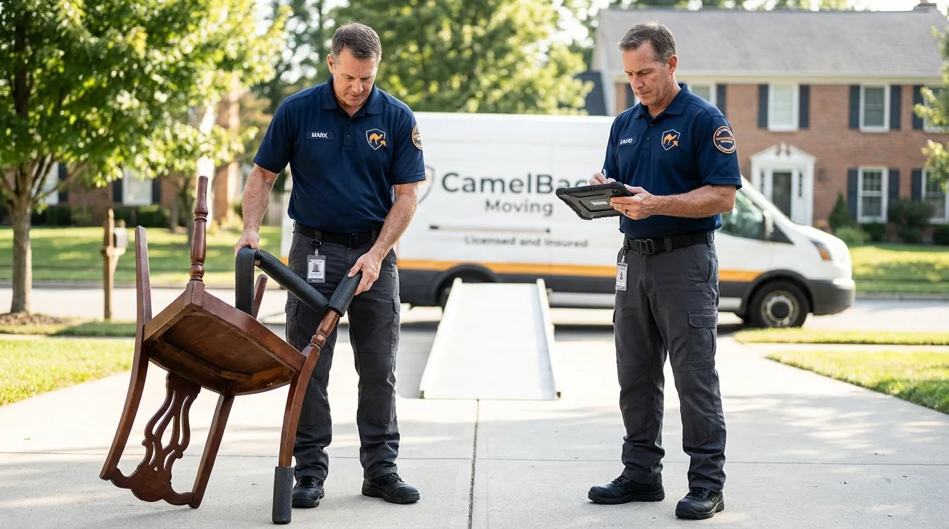 Movers inspecting furniture for damage prevention before loading in Rosedale, MS