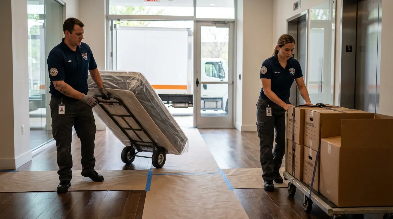 Professional apartment movers loading elevator in Rosedale, MS